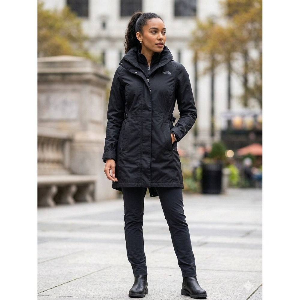 The North Face Womens Laney II Trench Coat Black Hooded Rain Jacket Parka XS